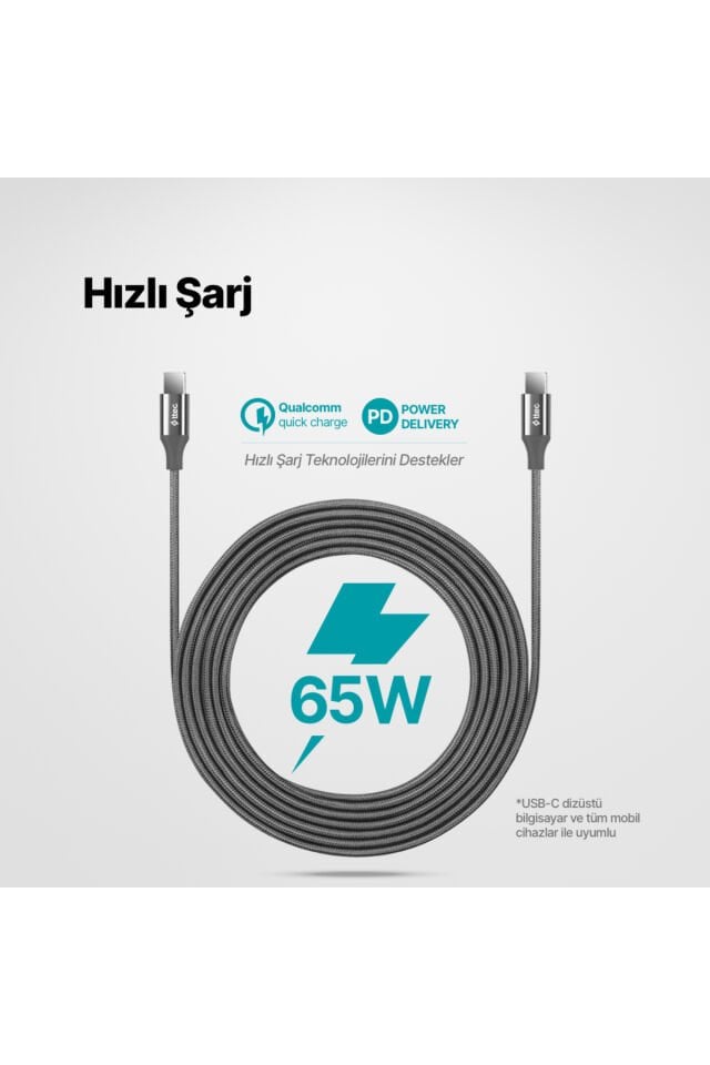 AlumiCable USB-C - USB-C 300cm 65W PD/QC Hızlı Şarj/Data Kablosu Uzay Grisi 2DK52UG