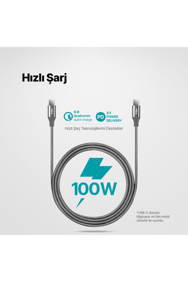 AlumiCable USB-C - USB-C 150 cm 100W PD/QC Hızlı Şarj/Data Kablosu Uzay Grisi 2DK53UG